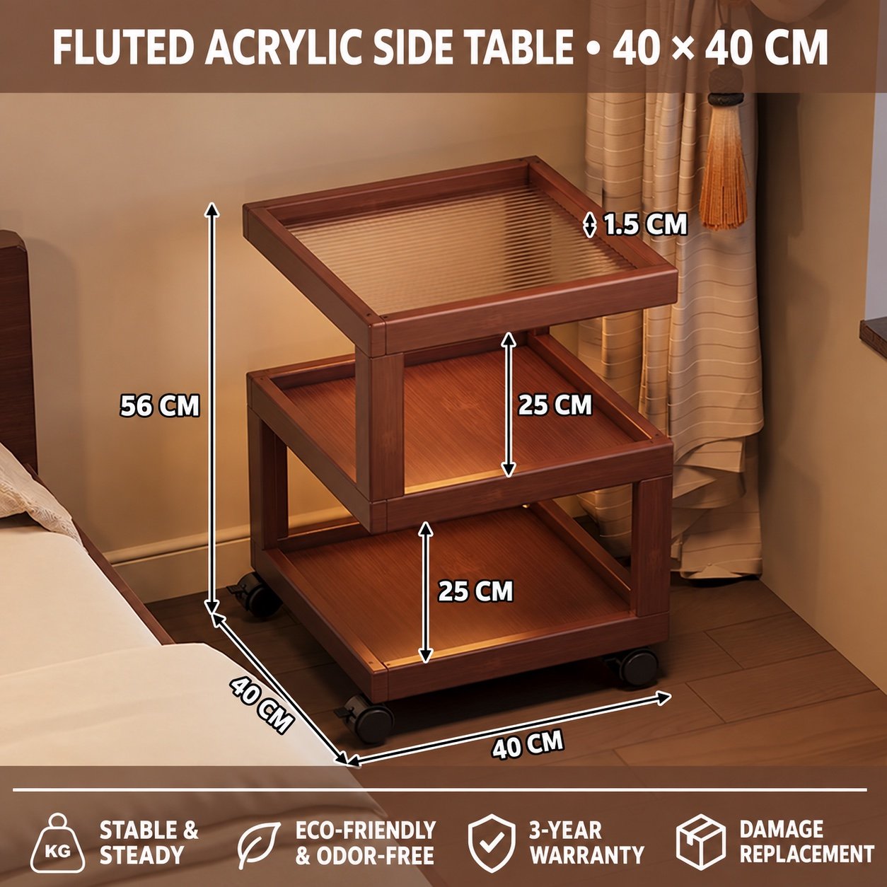3-Tier Rolling Side Table with Storage – KY-NS004 - Image 2